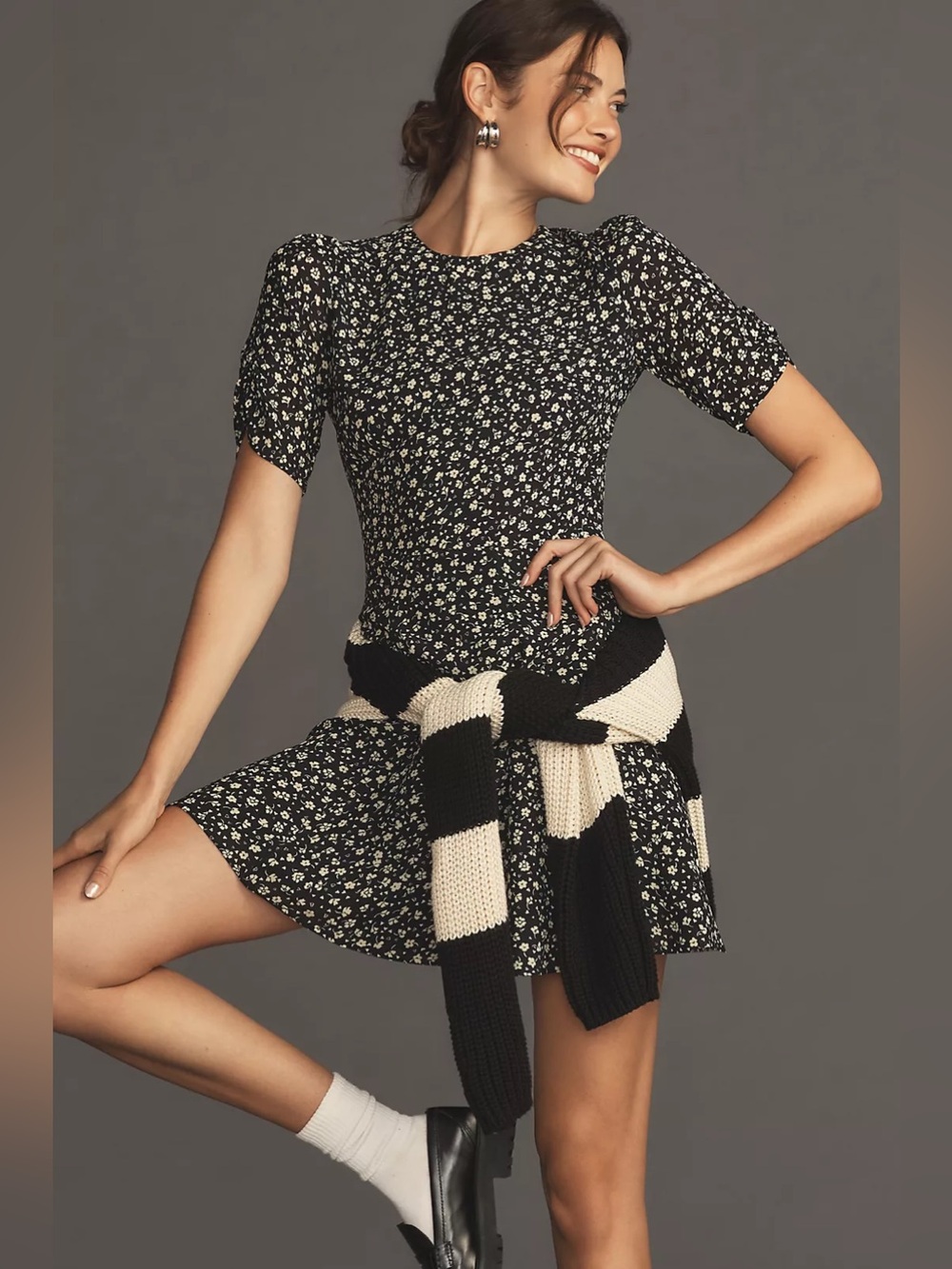 Reformation Gracie Black Mini Dress with White Floral Print